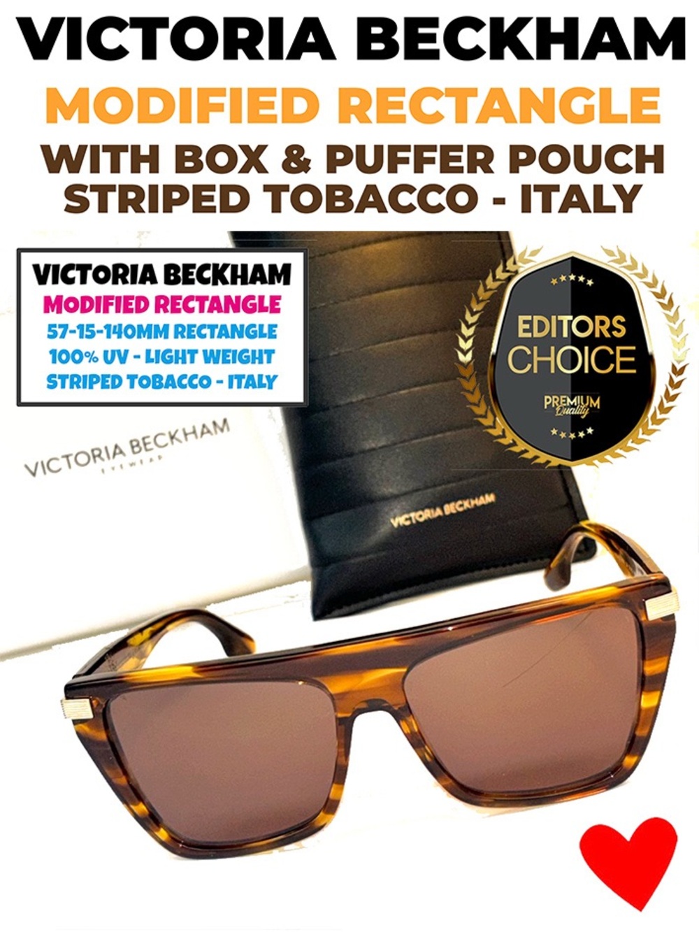 BNWBOX Victoria Beckham Modified Rectangular Sunglasses STRIPED TOBACCO